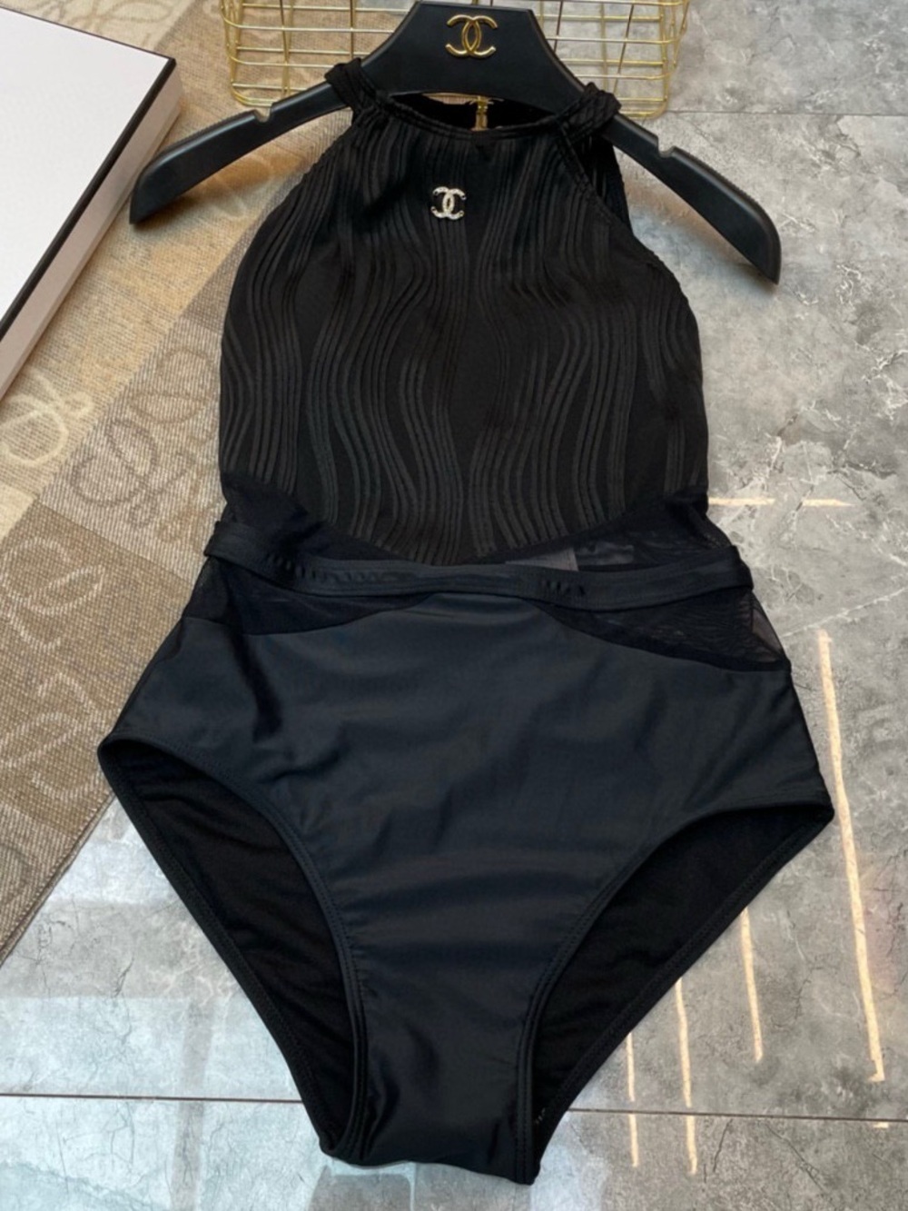 Chanel Black High-Neck One-Piece Swimsuit with CC Accent